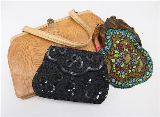 Two beaded bags and a snake bag